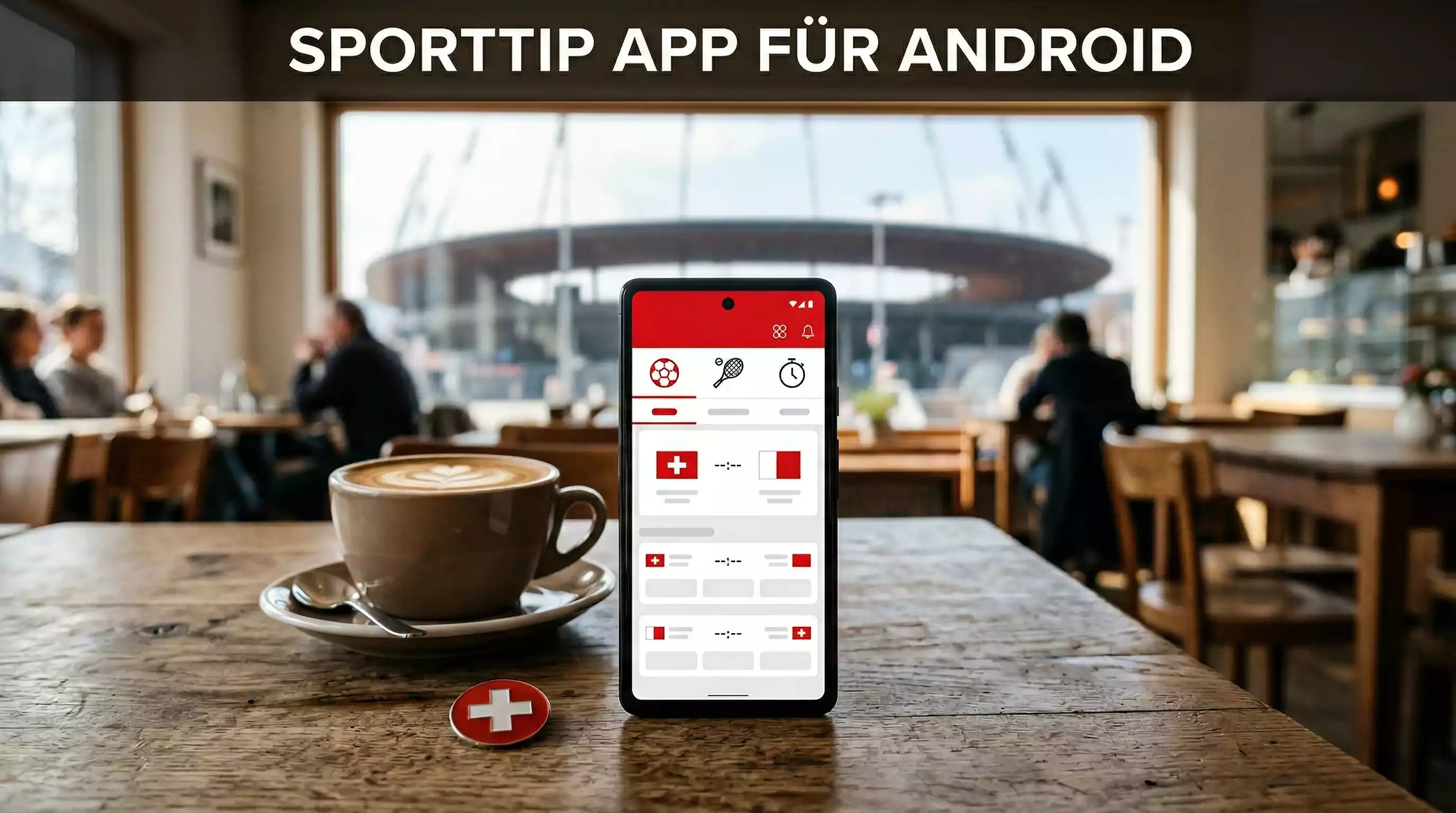 Sporttip-Logo auf Smartphone-Bildschirm mit Schweizer Sportstadion im Hintergrund