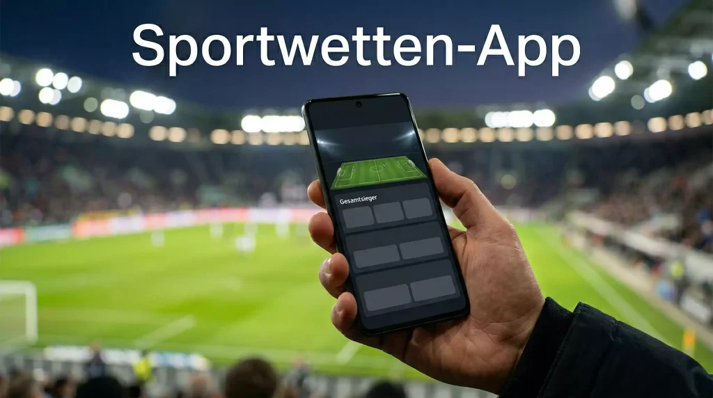Android-Smartphone mit Sportwetten-App auf grünem Fussballfeld-Hintergrund
