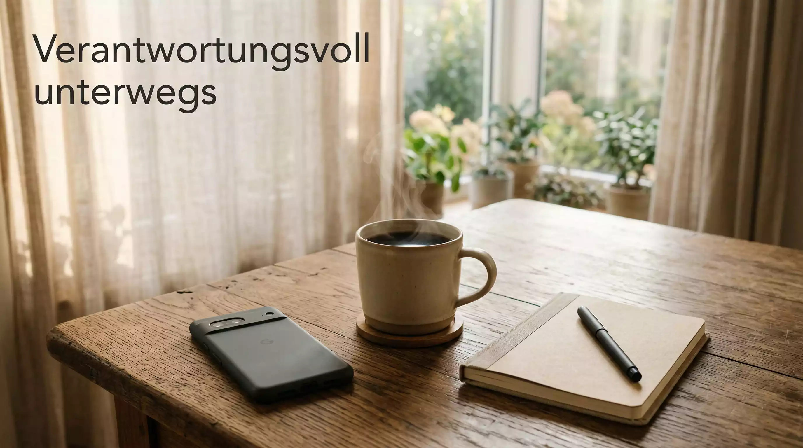 Ruhige Szene mit Smartphone auf Holztisch neben einer Tasse Kaffee in natürlichem Licht