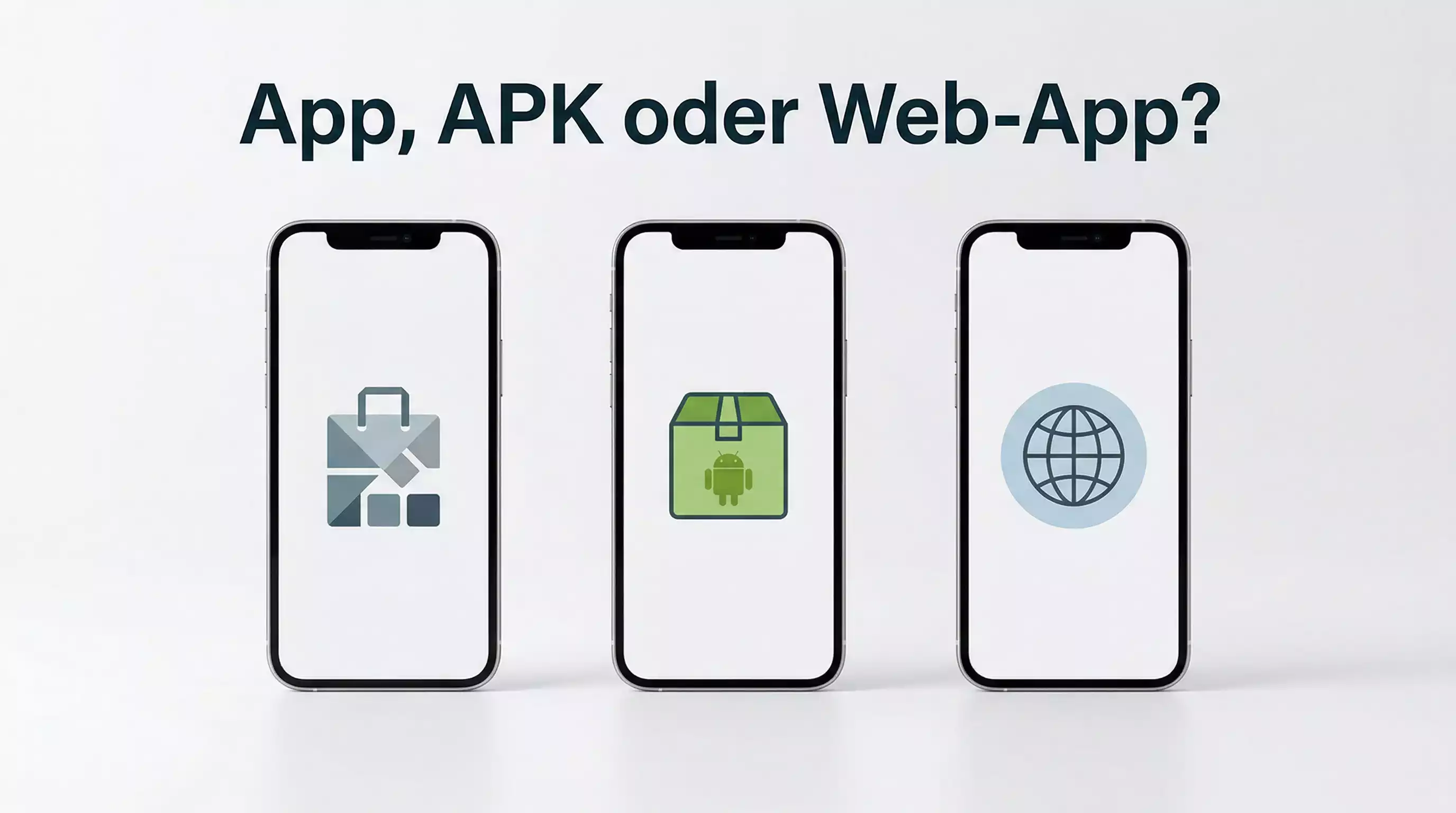 Drei Smartphones nebeneinander mit verschiedenen App-Installationsmethoden dargestellt