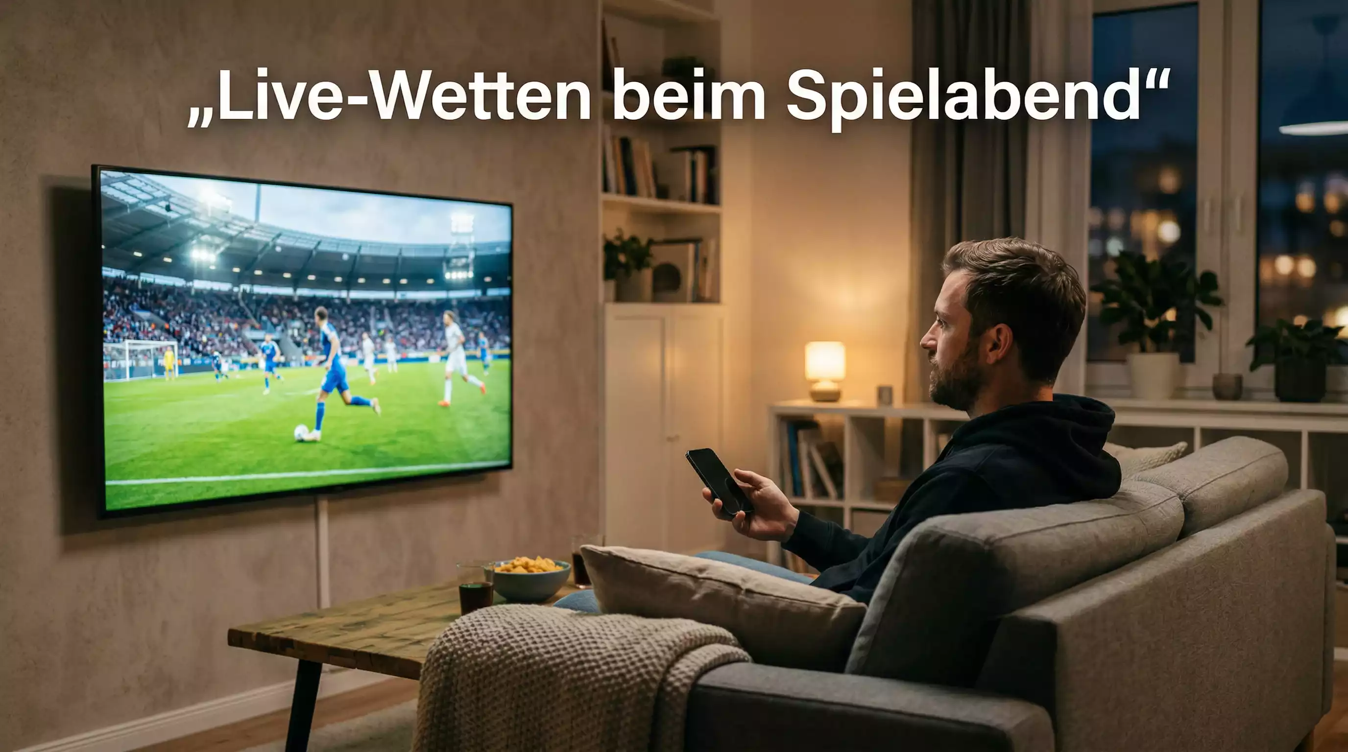Person schaut Fussballspiel auf dem Fernseher und hält dabei ein Smartphone für Live-Wetten