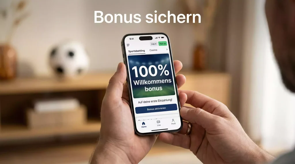 Smartphone mit Sportwetten-App zeigt Willkommensbonus-Angebot