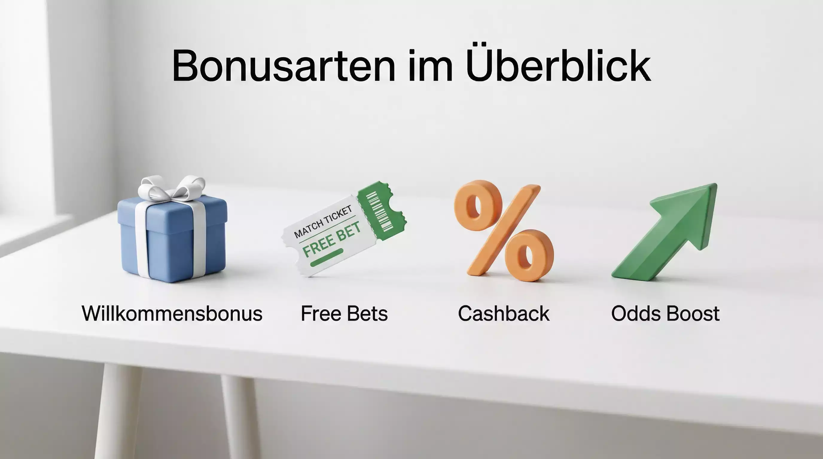 Verschiedene Bonusarten als Symbole dargestellt: Einzahlungsbonus, Gratiswetten, Cashback