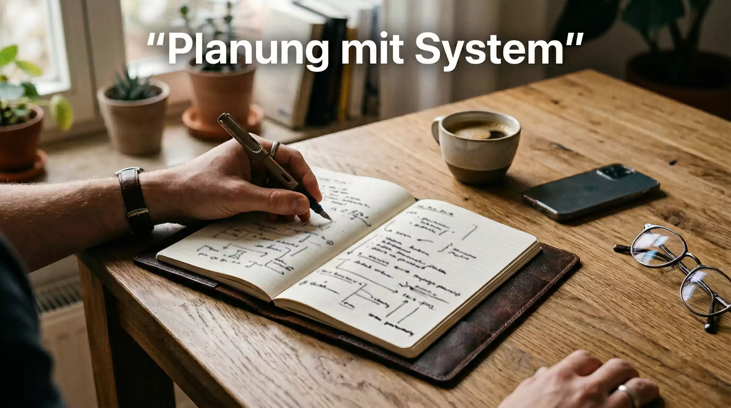 Hände schreiben Notizen in ein elegantes Notizbuch auf einem aufgeräumten Schreibtisch