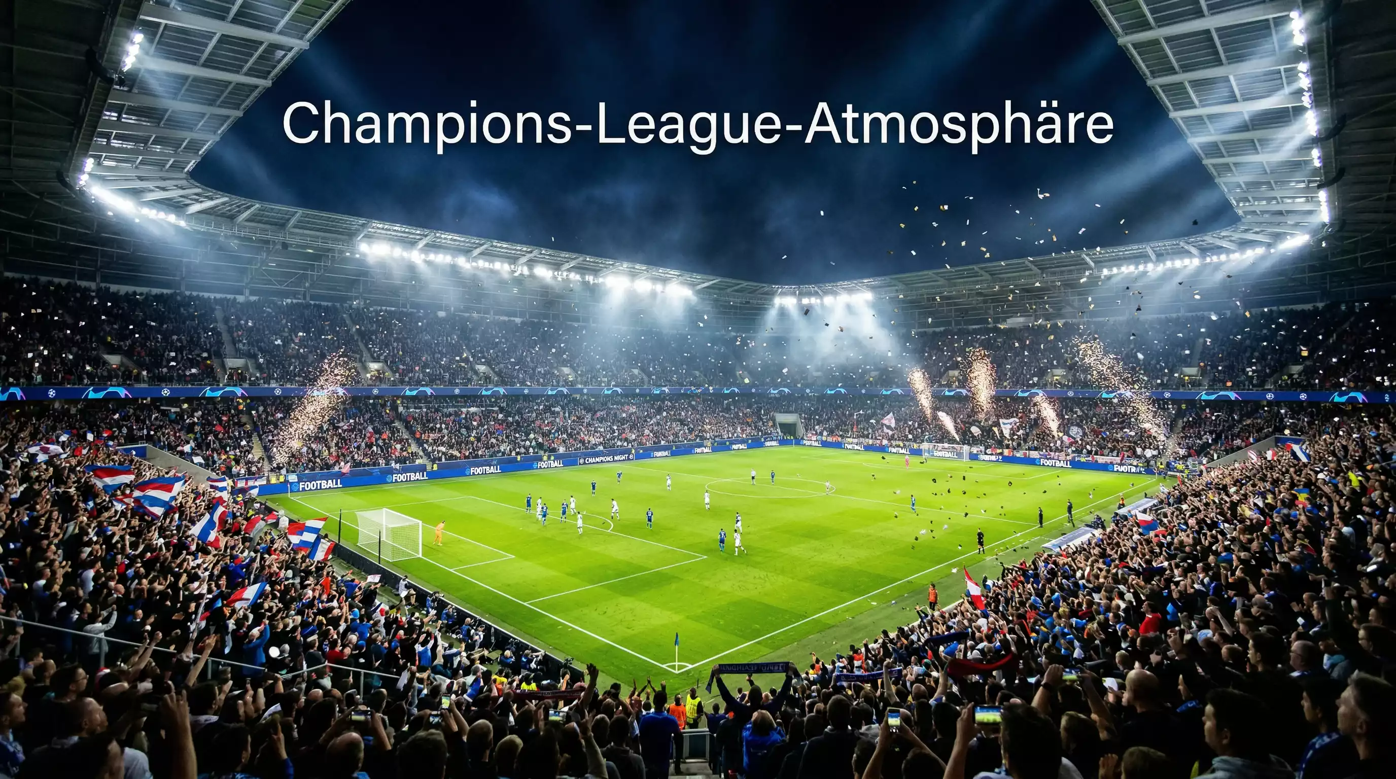 Europäisches Fussballstadion bei Nacht mit Flutlicht und vollen Rängen