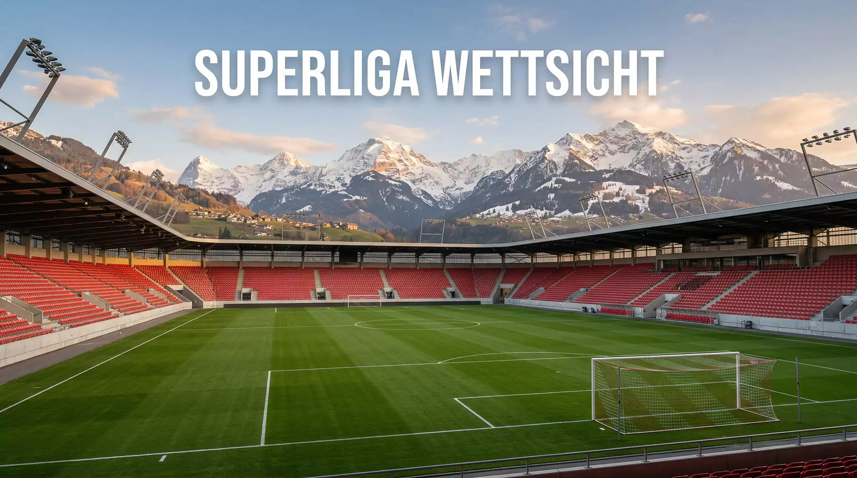 Schweizer Fussballstadion mit grünem Rasen und Alpenkulisse im Hintergrund