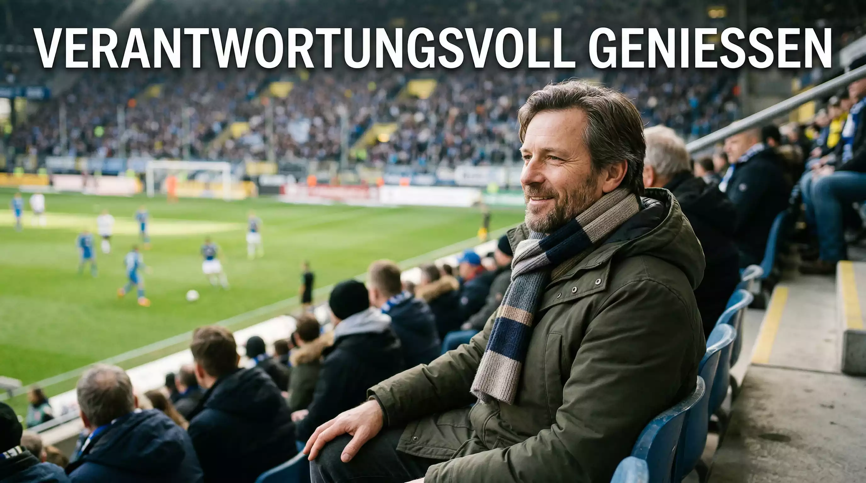 Fussballfan auf der Tribüne geniesst entspannt ein Spiel ohne Smartphone
