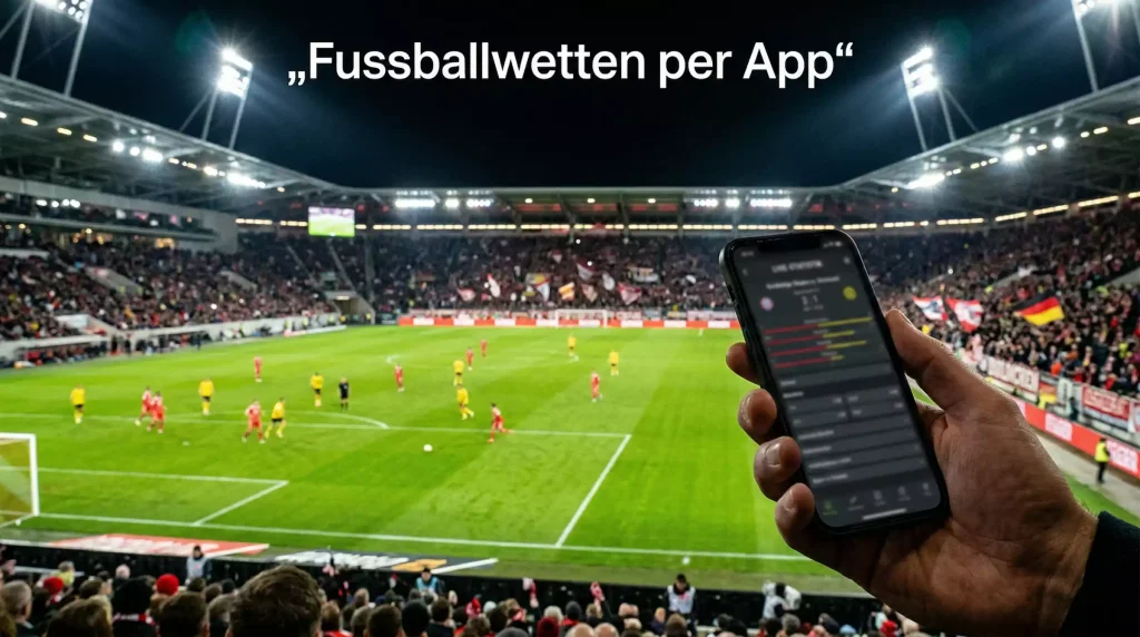 Fussballstadion bei Flutlicht mit Smartphone im Vordergrund