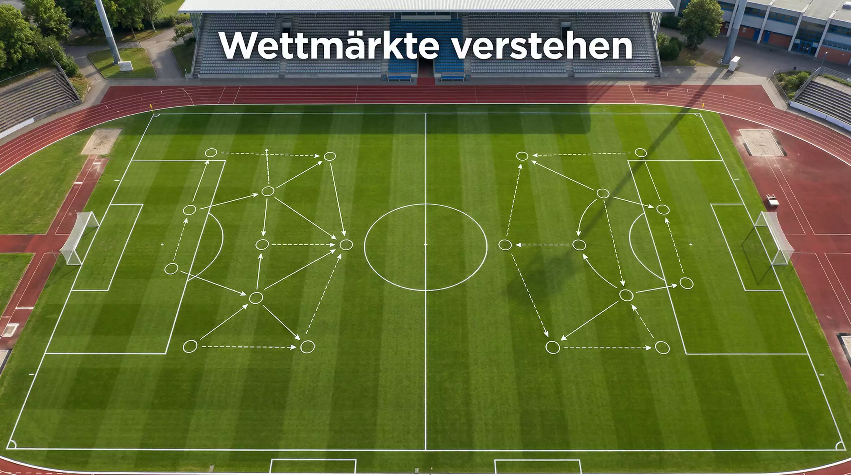 Fussballfeld mit taktischen Linien und Wettoptionen symbolisch dargestellt