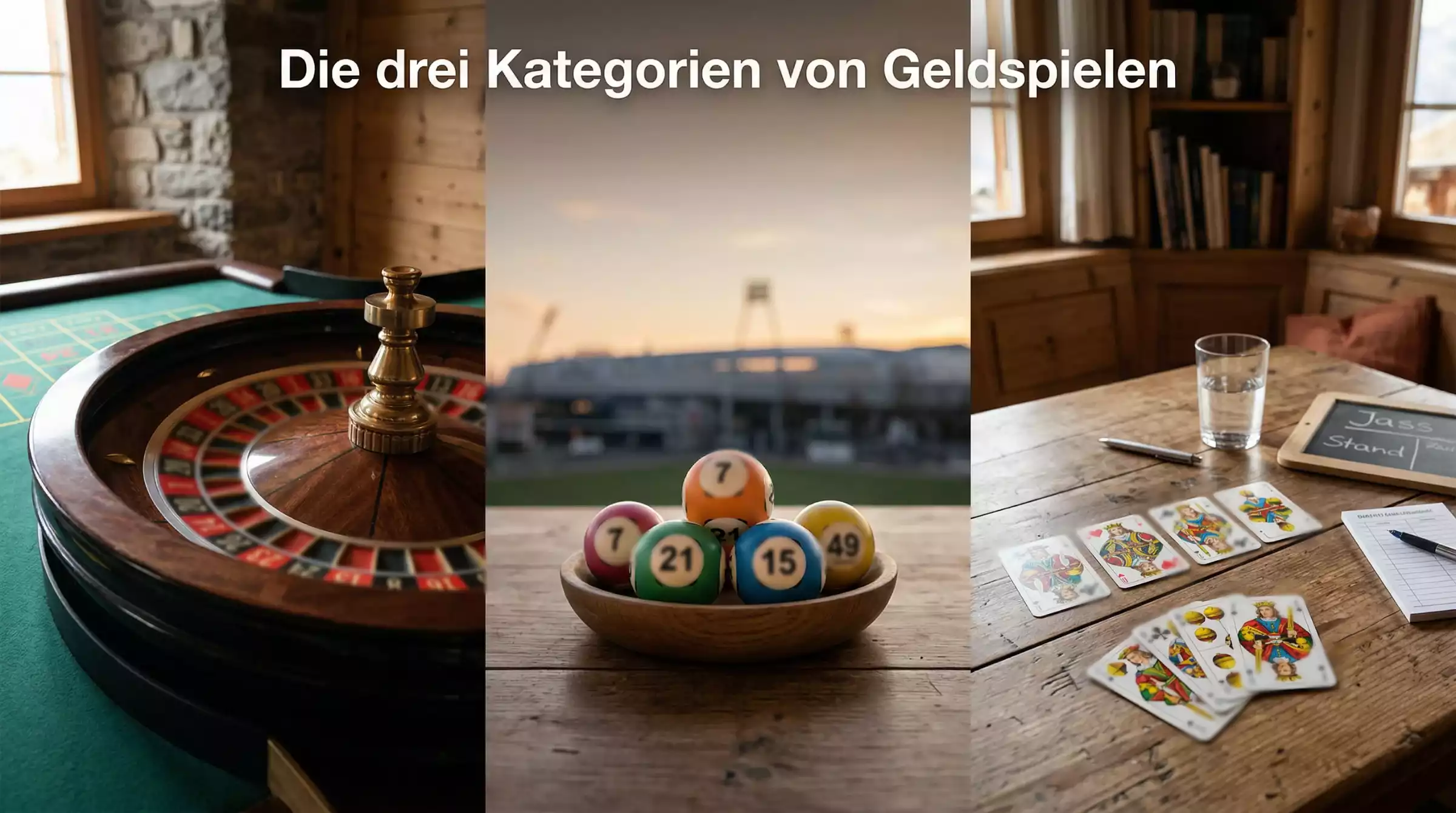 Symbolische Darstellung der drei Spielkategorien: Casino, Lotterie und lokale Spiele