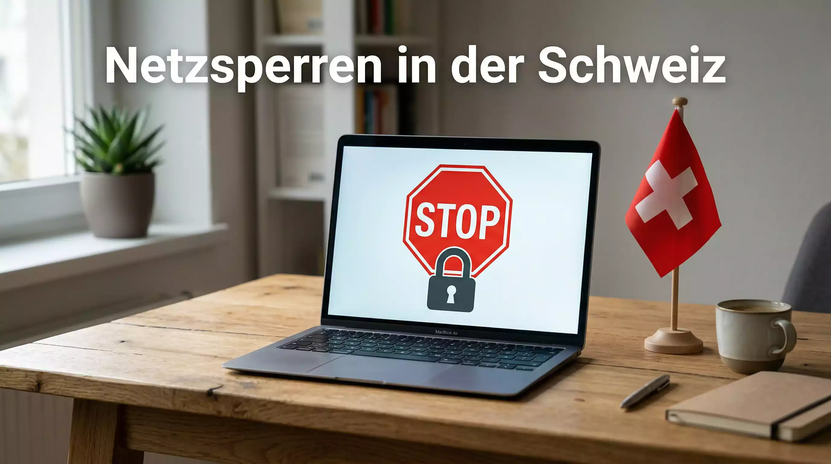 Laptop mit blockiertem Bildschirm und Schweizer Netzwerk-Symbol