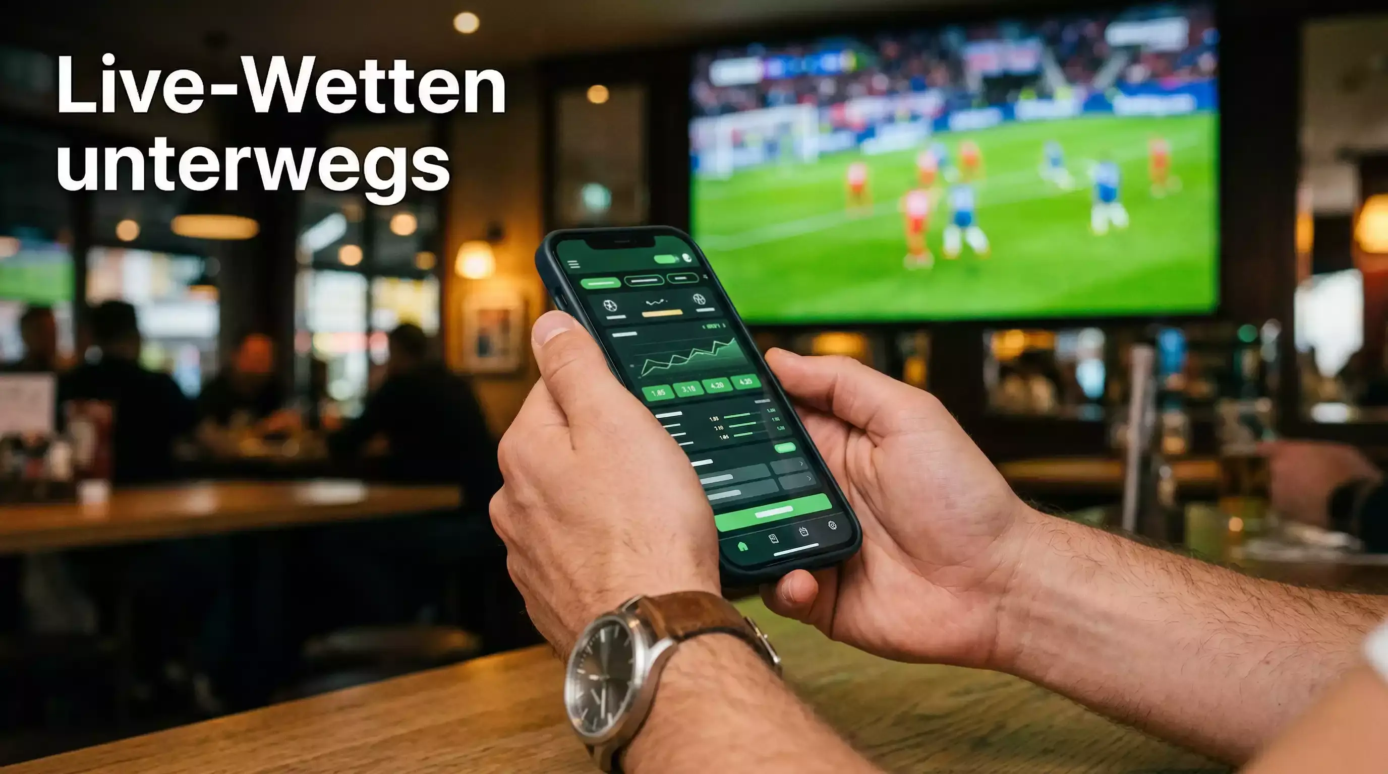 Smartphone mit Sportwetten-App in einer gemütlichen Sportbar-Atmosphäre
