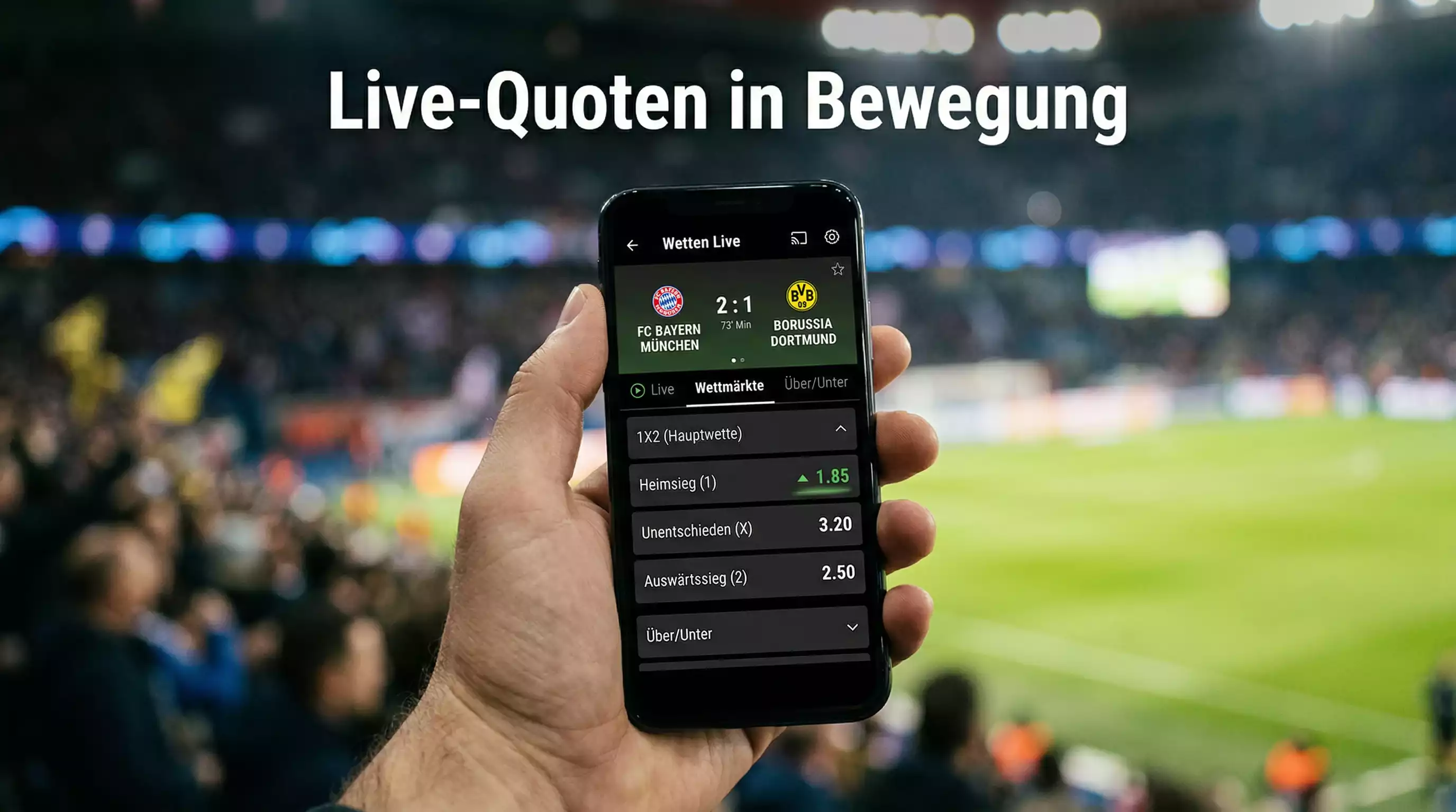 Smartphone-Bildschirm zeigt sich ändernde Wettquoten während eines laufenden Spiels