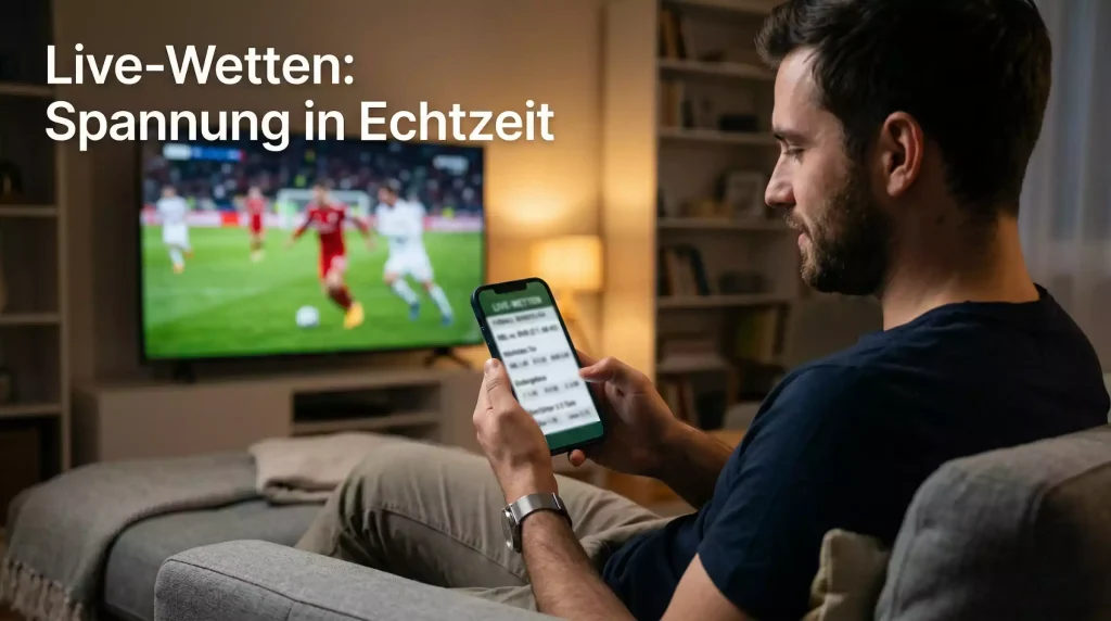 Sportfan verfolgt ein Fussballspiel live auf dem Smartphone und platziert Wetten