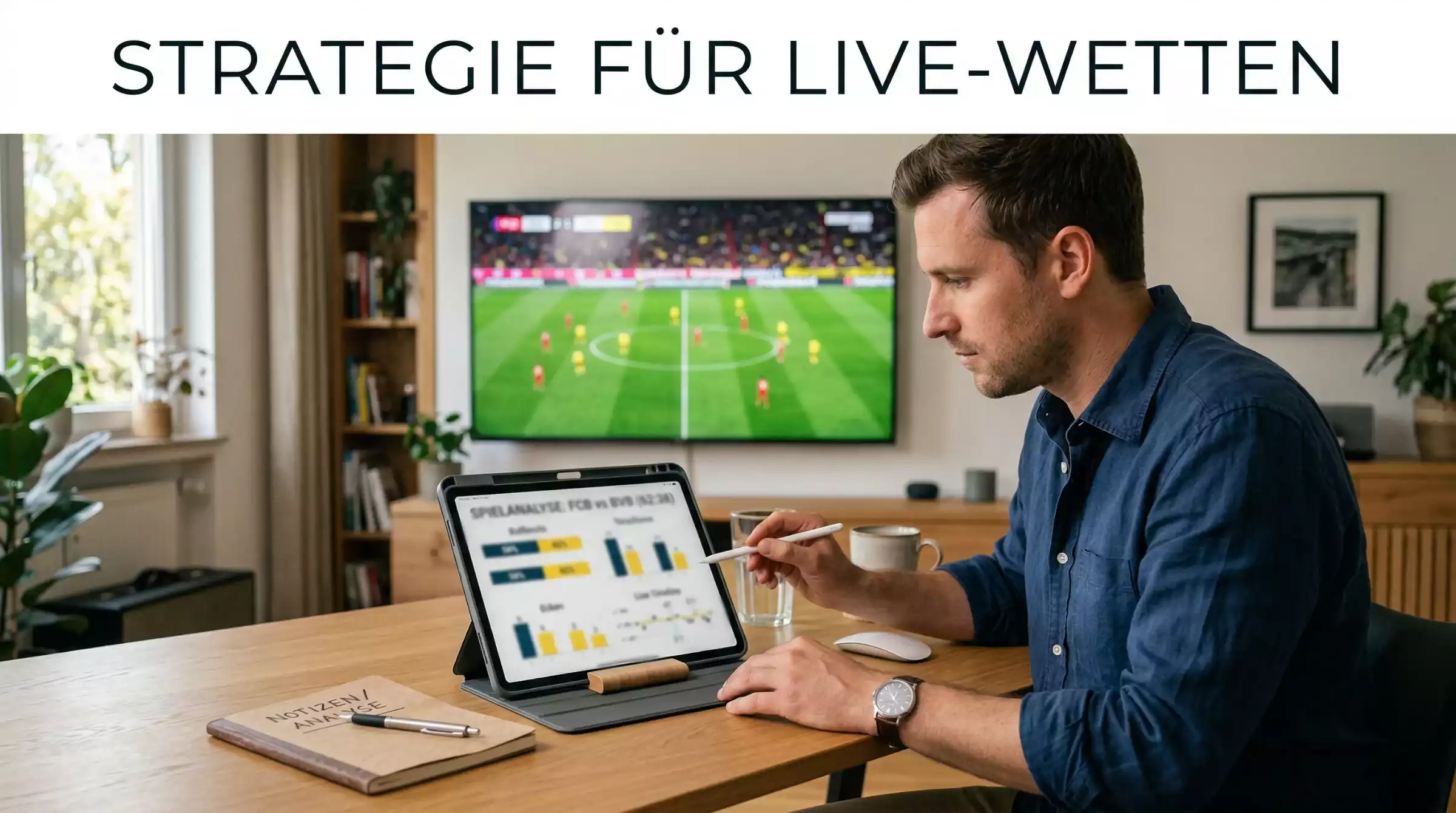 Person analysiert Spielstatistiken auf einem Tablet neben einem laufenden Fussballspiel