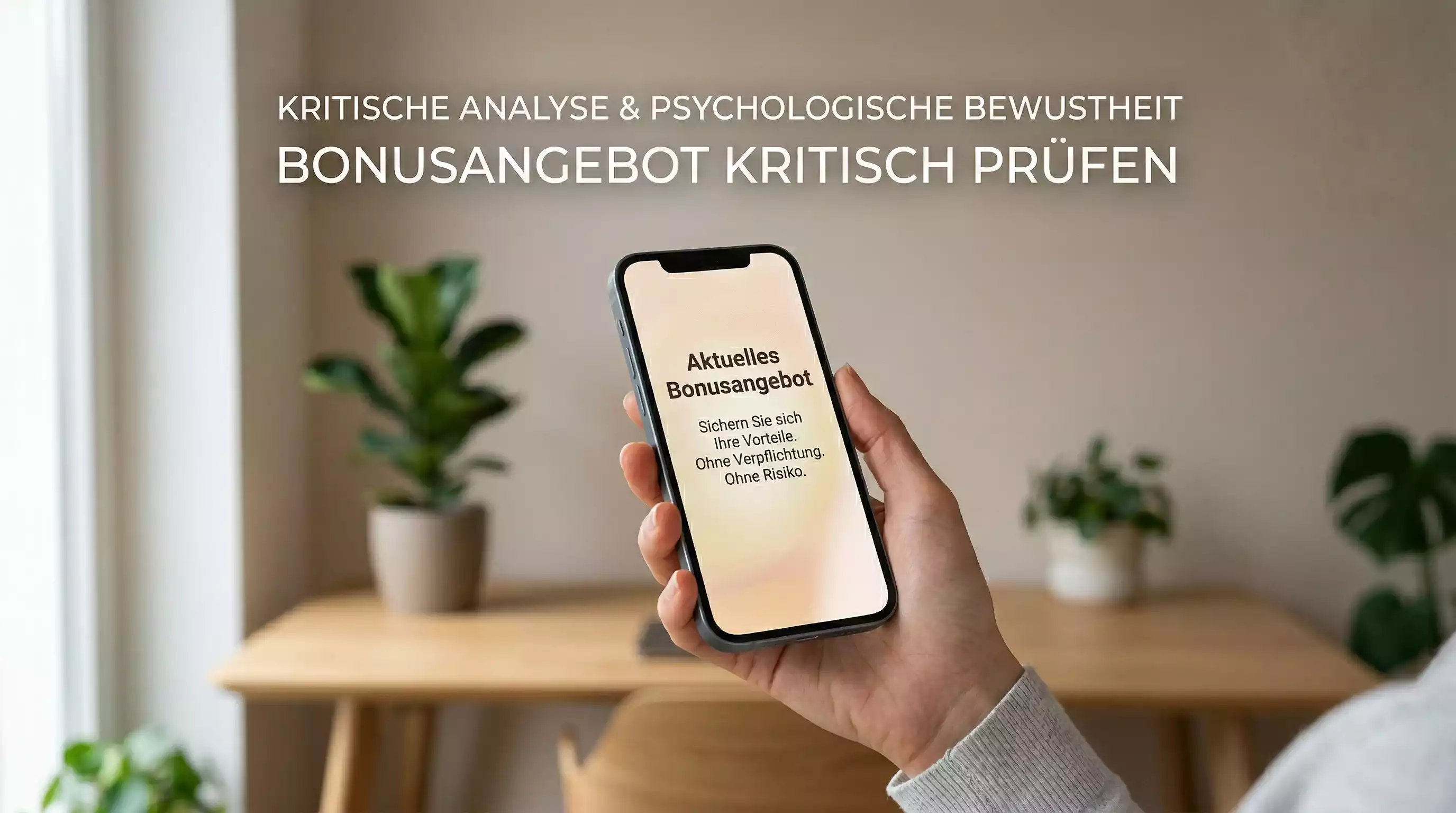 Nachdenkliche Person betrachtet ein Bonusangebot auf dem Bildschirm mit kritischem Blick