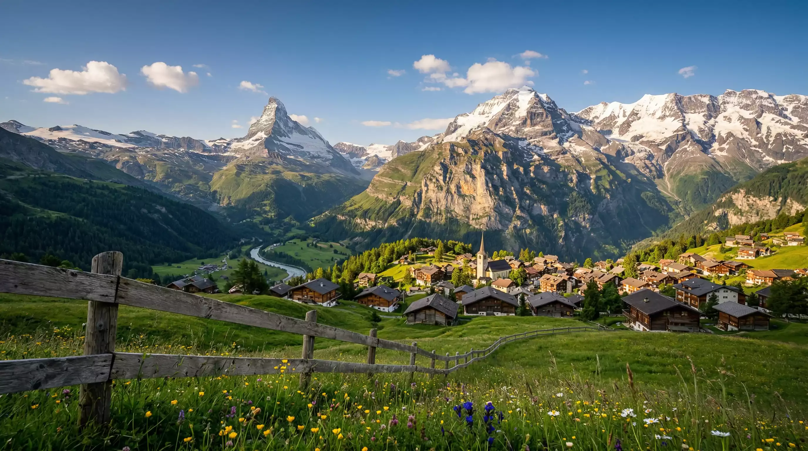 Schweizer Alpenlandschaft mit traditionellem Dorf als Symbol für Schweizer Regulierungsstandards