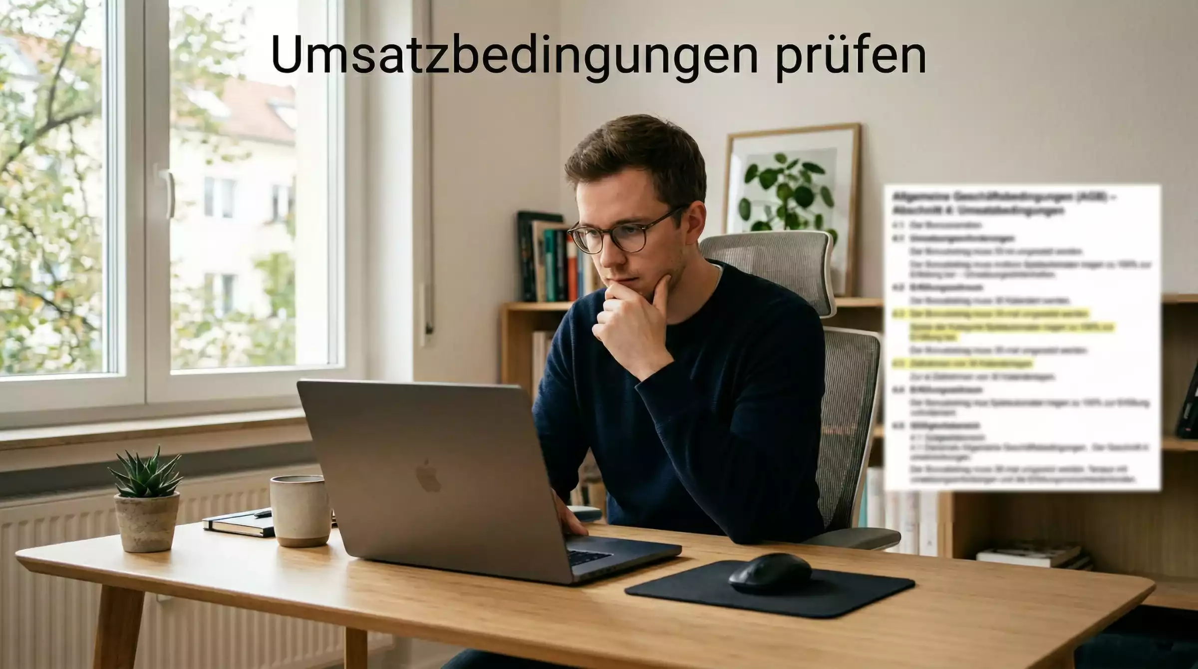 Person liest Bonusbedingungen auf einem Laptop-Bildschirm mit konzentriertem Blick