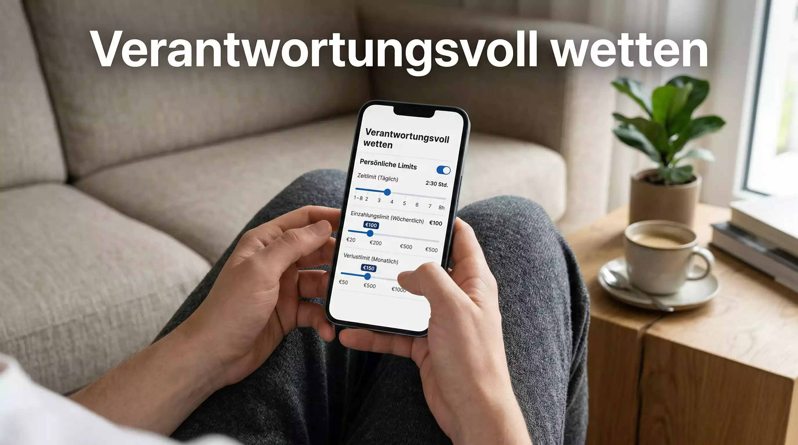 Erwachsener Mann setzt sich bewusst Limits auf seinem Smartphone für verantwortungsvolles Wetten