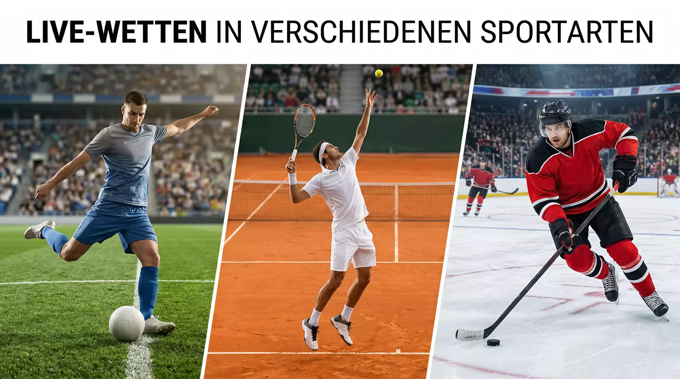 Collage aus Fussball, Tennis und Eishockey als beliebte Sportarten für Live-Wetten